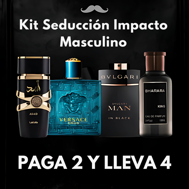 Kit Seducción Impacto Masculino 💪 – Paga 2, Lleva 4 Perfumes - Siéntete seguro, proyecta tu identidad y sé recordado